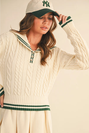 Varsity Collared Knit Set Cream