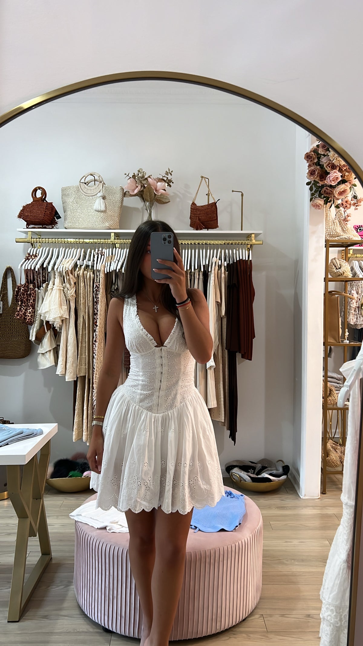 Eyelet Plunge Halter Dress C A L I S T A Eyelet Plunge Halter Dress C A L I S T A