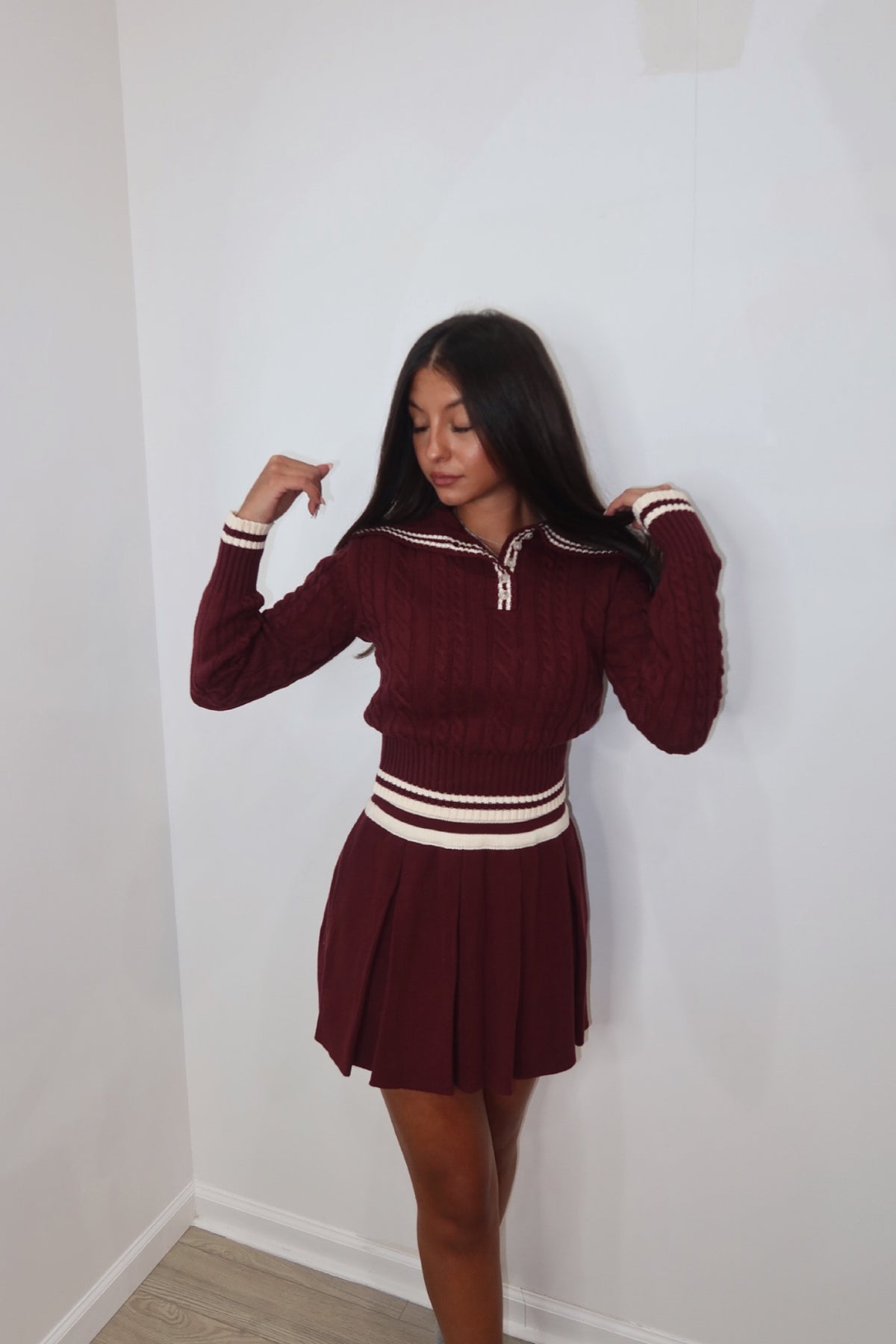 Varsity Collared Knit Set Burgundy